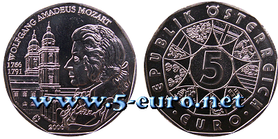 5 Euro Österreich 2006 250. Geburtstag Wolfgang Amadeus Mozart